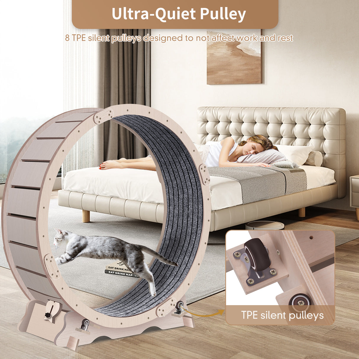 Cat Exercise Wheel for Indoor Cats, Cat Running Wheel with Carpeted Runway, 41" Natural Wood Color - V.I.P Digital Presence
