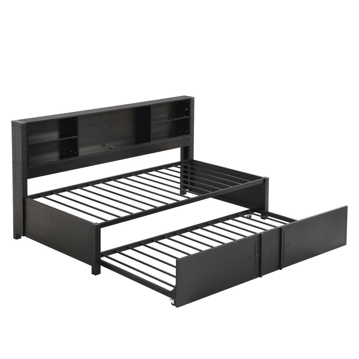 Metal Twin Size Daybed with Twin Size Trundle Storage Shelves and USB Ports Black
