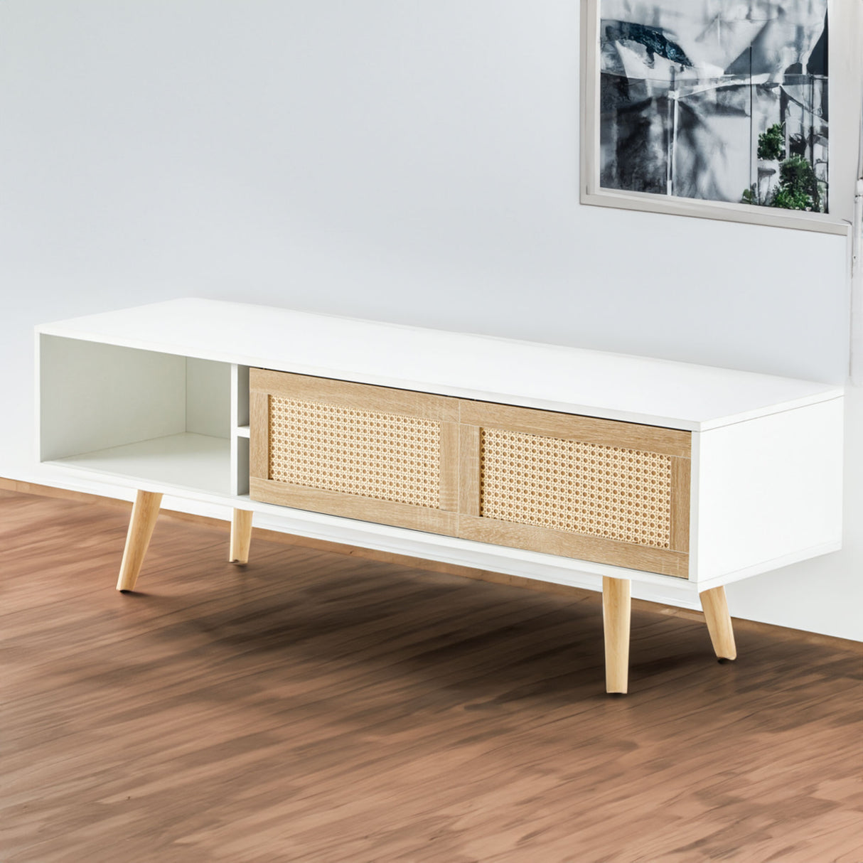 55.12" Rattan TV cabinet double sliding doors for storage adjustable shelf solid wood legs TV console for living room White - V.I.P Digital Presence