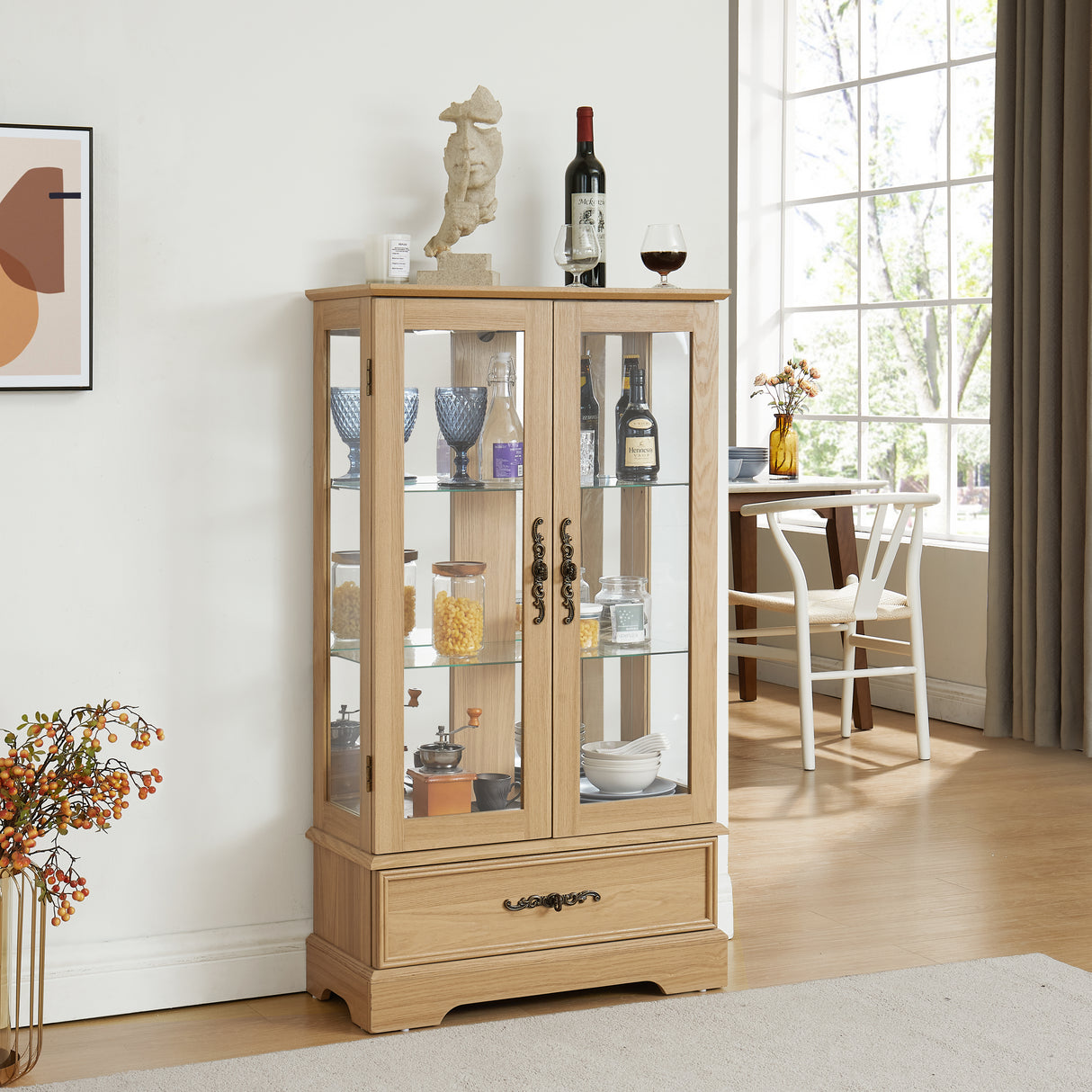 Light colored glass cabinet with adjustable glass frame, including cabinet light bulbs OAK with 2 doors and 1 drawer - V.I.P Digital Presence