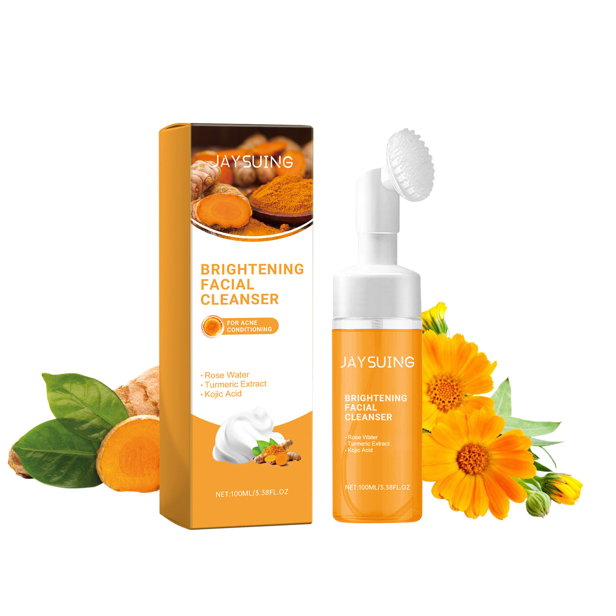 Mousse limpiadora de cúrcuma para una limpieza suave de la piel facial. Limpiador de poros. Cuidado hidratante de la piel.