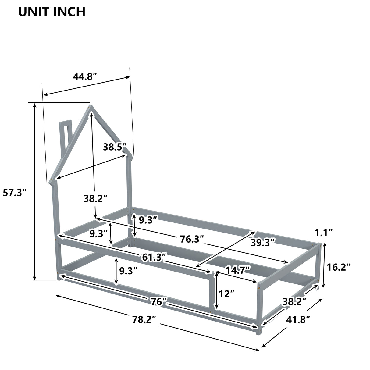 Twin Size Wood bed with House-shaped Headboard Floor bed with Fences,Grey - V.I.P Digital Presence