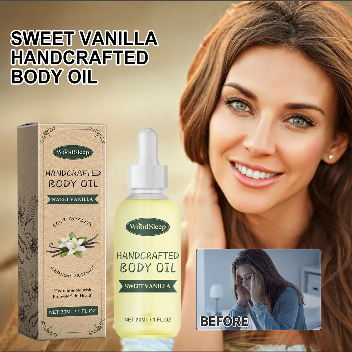 Aceite corporal artesanal de vainilla dulce, repara la barrera cutánea y alivia la sequedad, el picor y el enrojecimiento. Aceite esencial hidratante y humectante.
