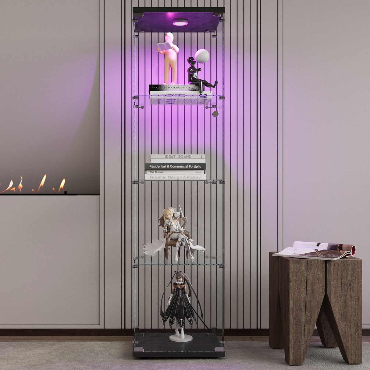 4 LED light glass display cabinets with door shelves, floor standing antique bookshelf, 64.7 "* 16.7" * 14.3 ", black - V.I.P Digital Presence