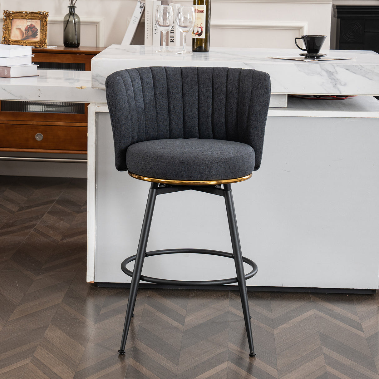 A set of 2 gray rotating bar stools - high backrest, adjustable, with elegant metal backrest decoration - V.I.P Digital Presence