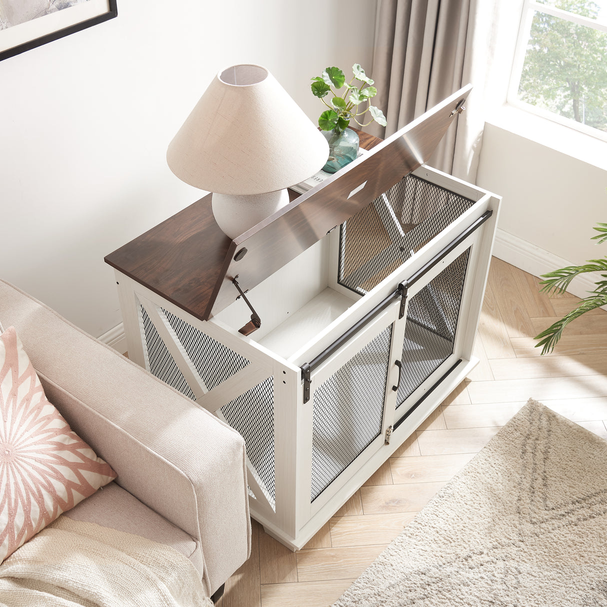 Farm kennel Flat noodles furniture with sliding barn door, farm wooden kennel end table, dog house with removable partition - V.I.P Digital Presence