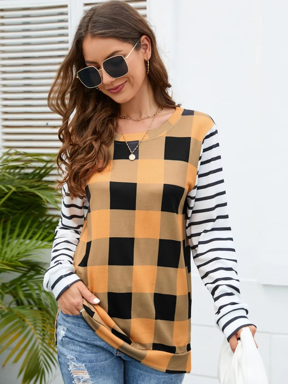 Plaid Striped Round Neck Long Sleeve T-Shirt - V.I.P Digital Presence
