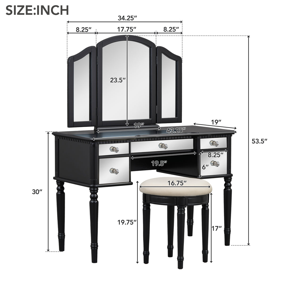 GO 43" Dressing Table Set with Mirrored Drawers and Stool, Tri-fold Mirror, Makeup Vanity Set for Bedroom, Black - V.I.P Digital Presence
