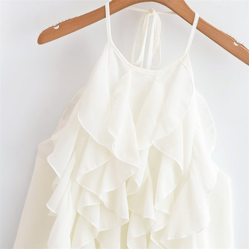 Summer New Style Women's Fashion Sexy Spaghetti Strap Ruffle Neck Tie Crop Top - V.I.P Digital Presence