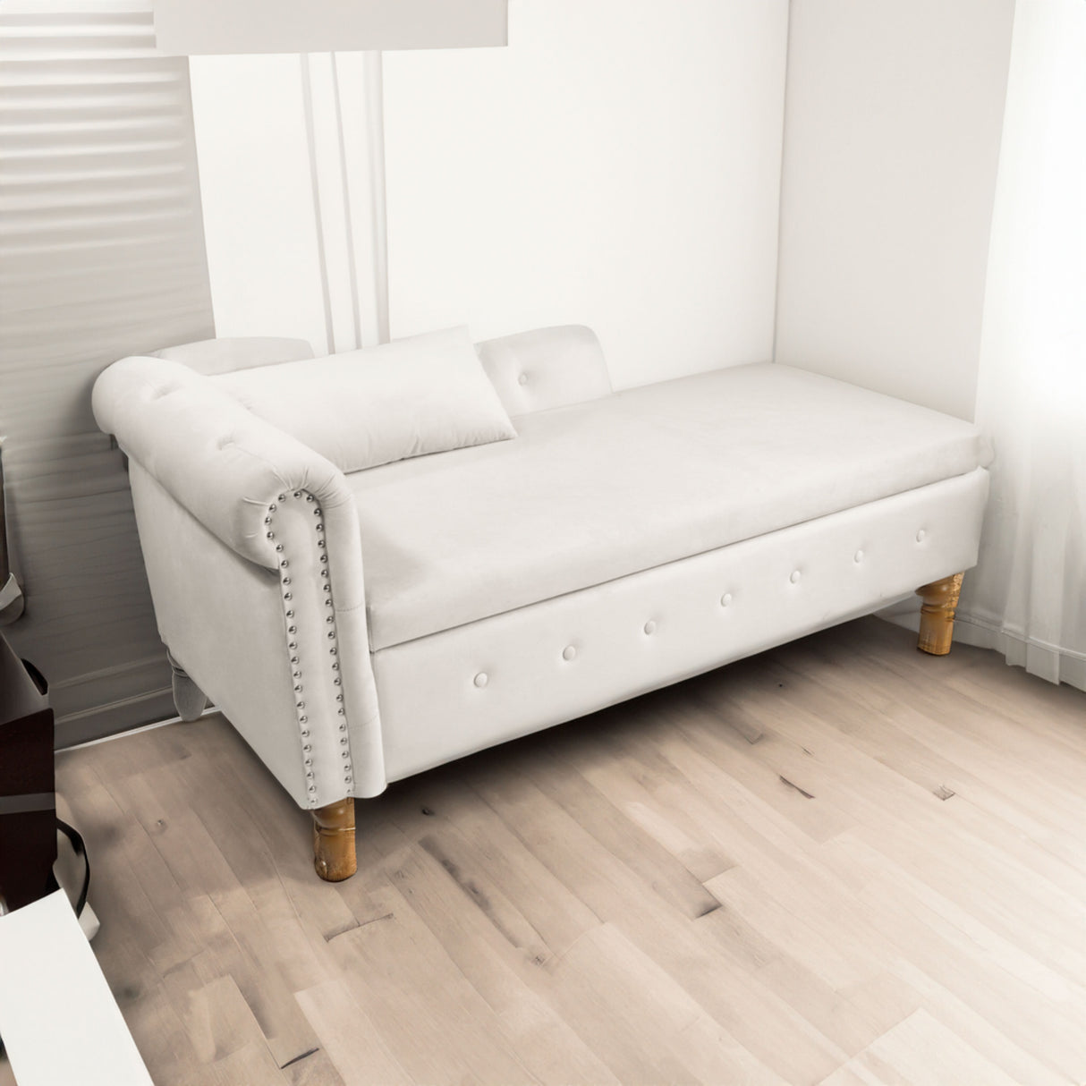 Beige Chaise Lounge Indoor Velvet Lounge Chair for Bedroom with Storage & Pillow Modern Upholstered Rolled Arm Chase Lounge - V.I.P Digital Presence