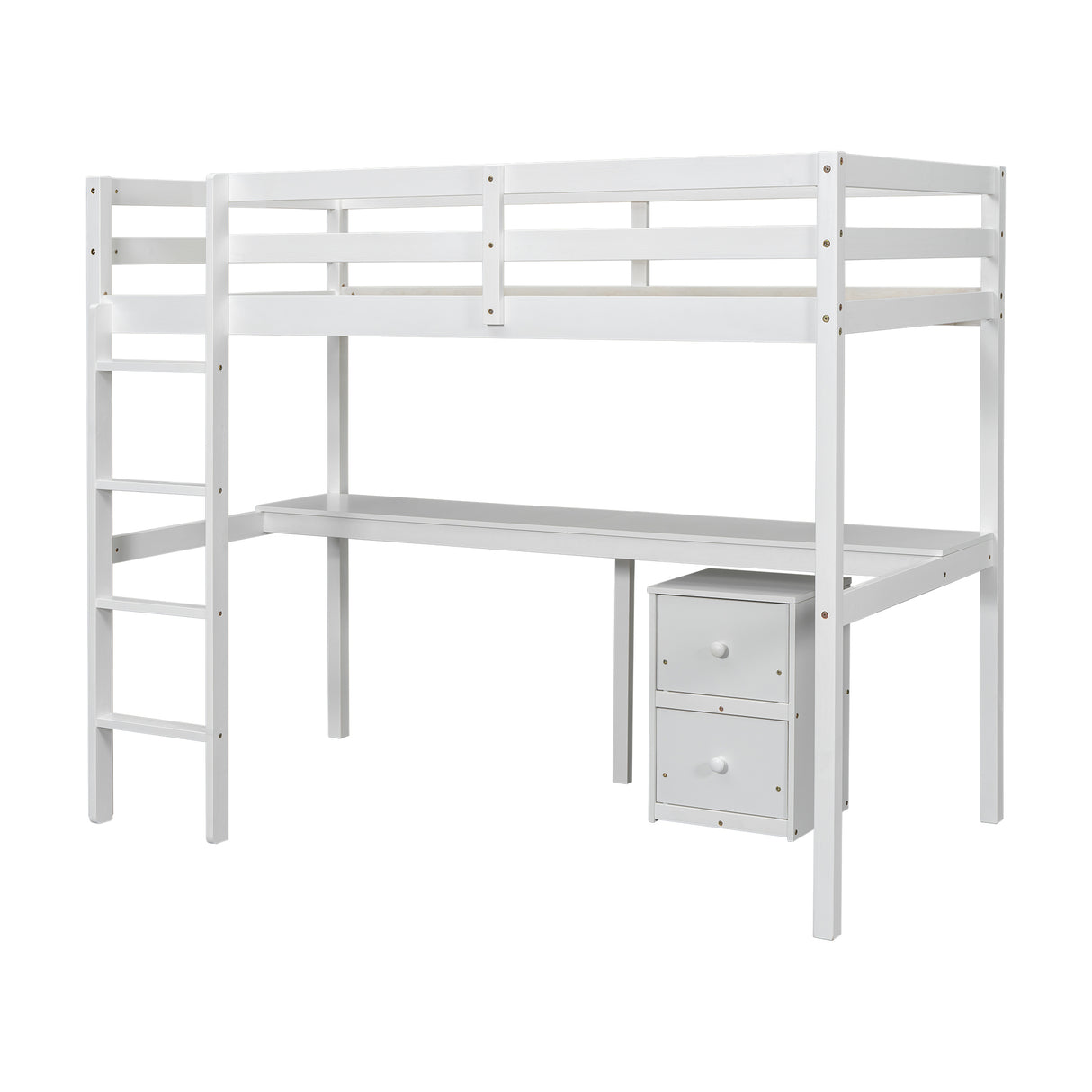 Twin Loft Wood Bed with Under-bed, Built-in Desk, a Storage Cabinet of 2 Drawers, Guardrails, Ladder,White - V.I.P Digital Presence