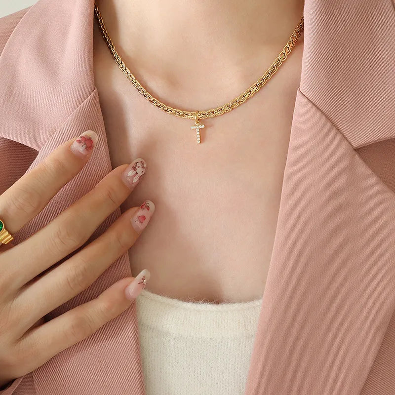 Brass Inlaid Zircon Letter Pendant Necklace - V.I.P Digital Presence