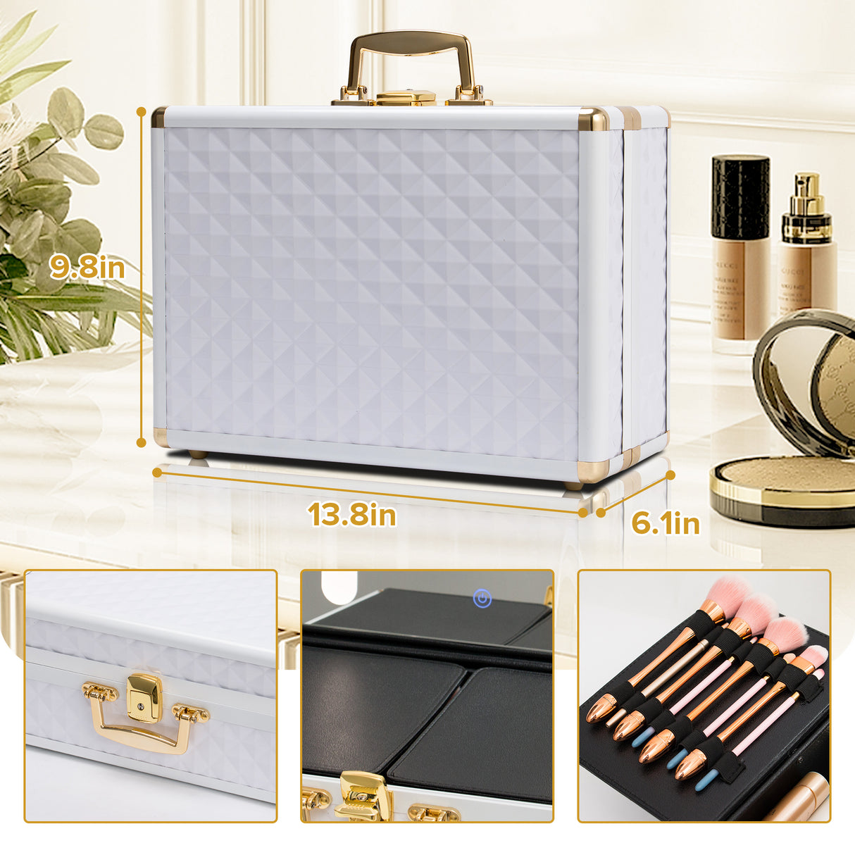 Portable makeup case, travel makeup bag with LED mirror, locked makeup storage box, brush holder, divider, rechargeable, white - V.I.P Digital Presence