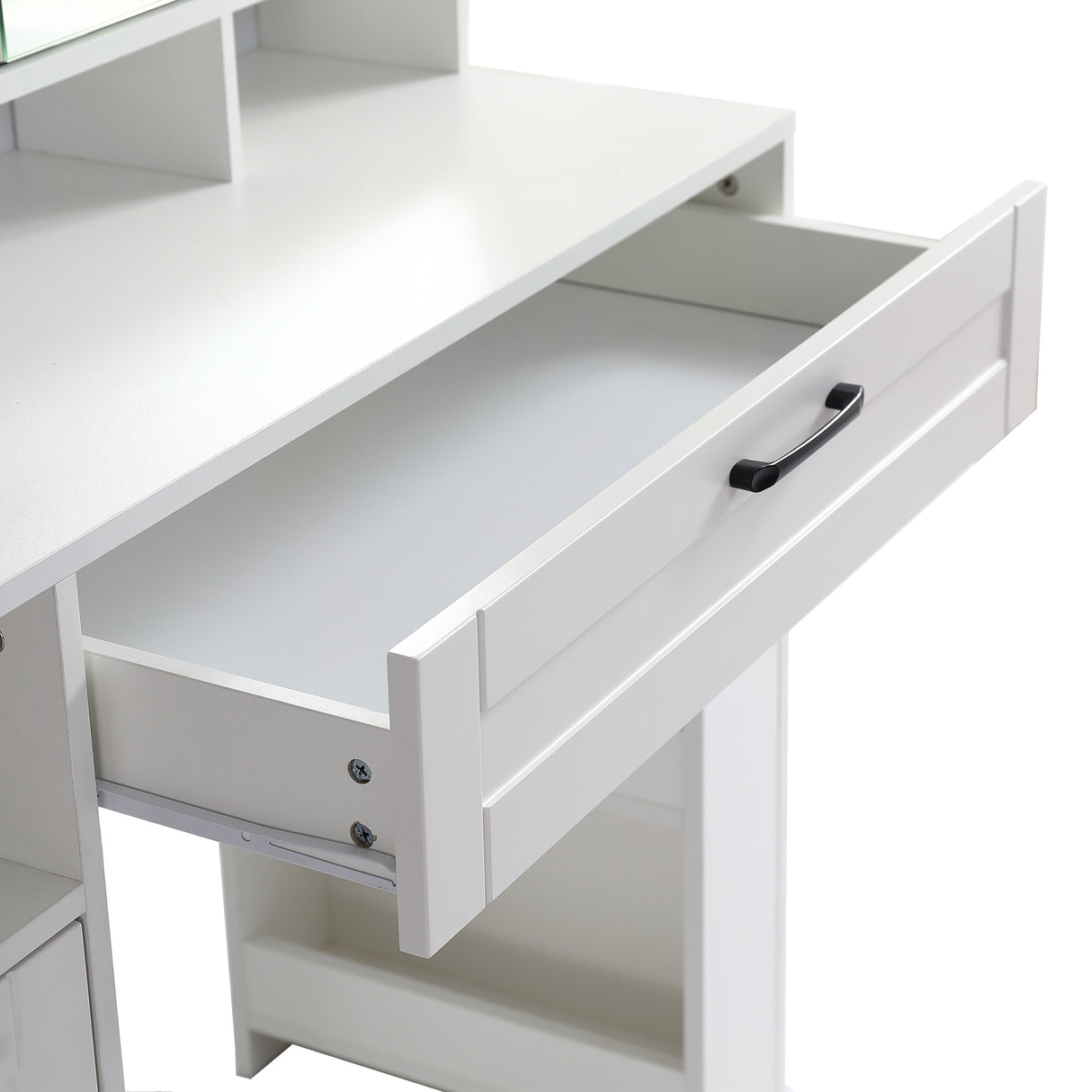 Vanity table with large sliding lighted mirror dressing table with 2 drawers storage shelves and upholstered stool white color