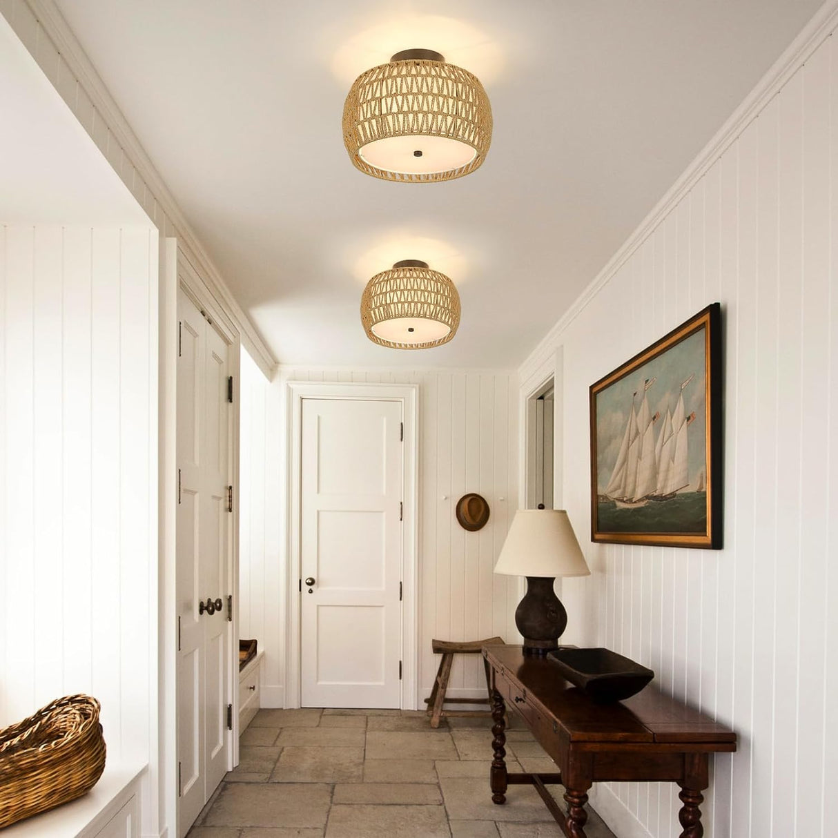 Boho Light Fixtures Ceiling Mount, Rattan Semi Flush Mount Ceiling Light, Farmhouse Light Fixtures with Fabric Shades - V.I.P Digital Presence