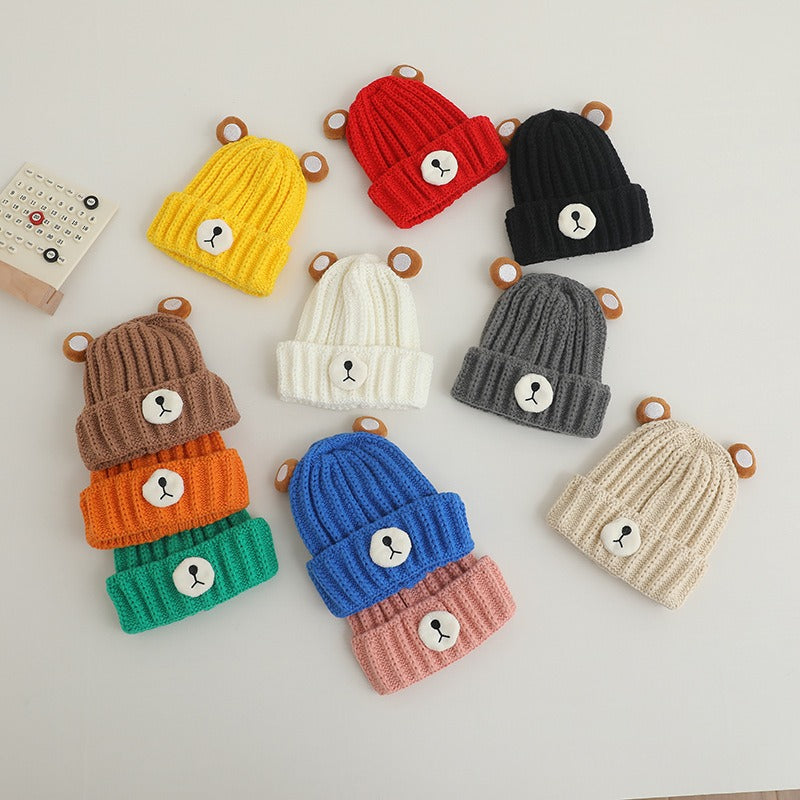 Gorro de punto cálido para niños de otoño e invierno, bonito gorro de lana de color caramelo con forma de oso, gorro cálido coreano para bebés, para hombres y mujeres, tendencia