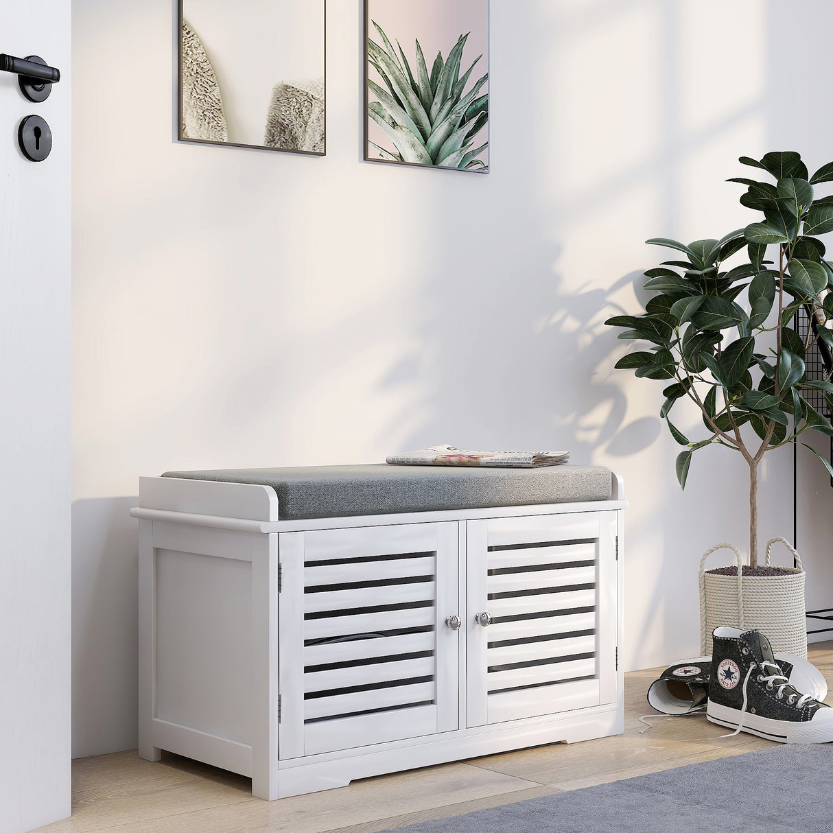 Shoe Storage Bench with Padded Seat Cushion, Entryway Bench with 2 Barn Doors-White - V.I.P Digital Presence