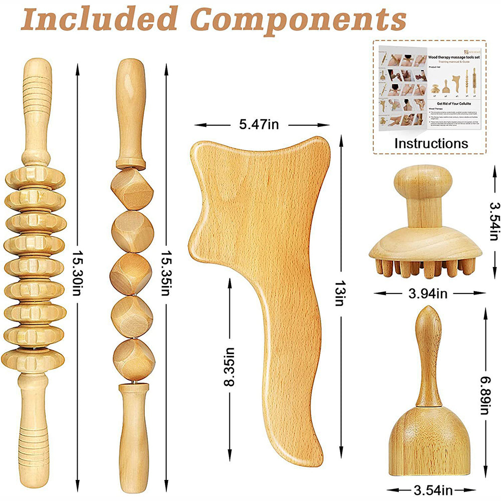 Beech wood therapy scraping cup, meridian dredging roller, tendon rolling stick, scraping board, head massager, massage set - V.I.P Digital Presence