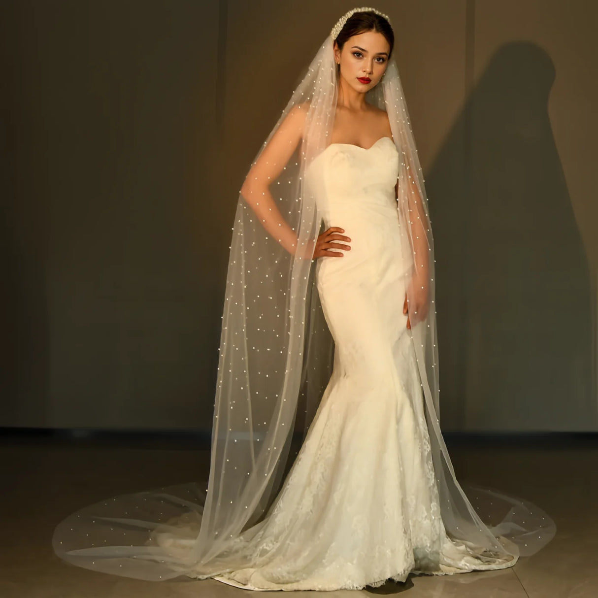 Pearl Hair Band Bridal Veils Extra Long Royal Cathedral Length Veil Wedding Veils with Comb Wedding Hair Accessories - V.I.P Digital Presence