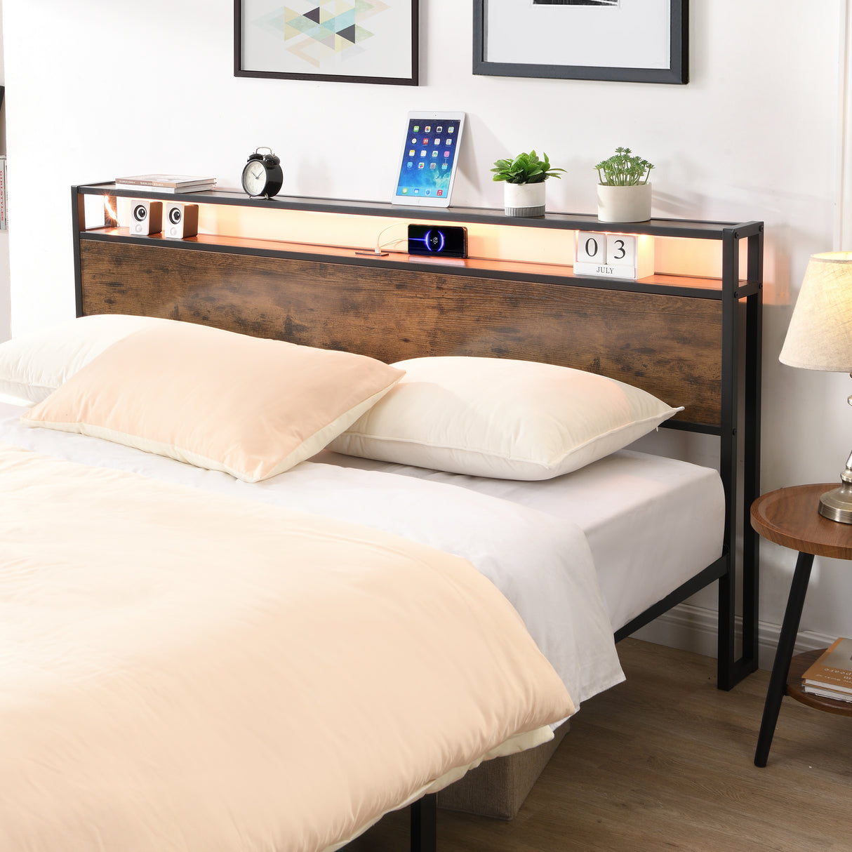 Industrial extra large bed frame with LED lights and 2 USB ports, extra large bed frame with storage space, rural brown color - V.I.P Digital Presence