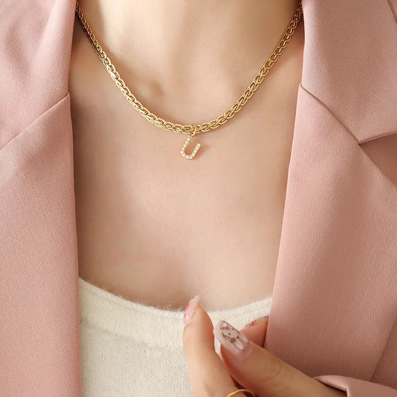 Brass Inlaid Zircon Letter Pendant Necklace - V.I.P Digital Presence