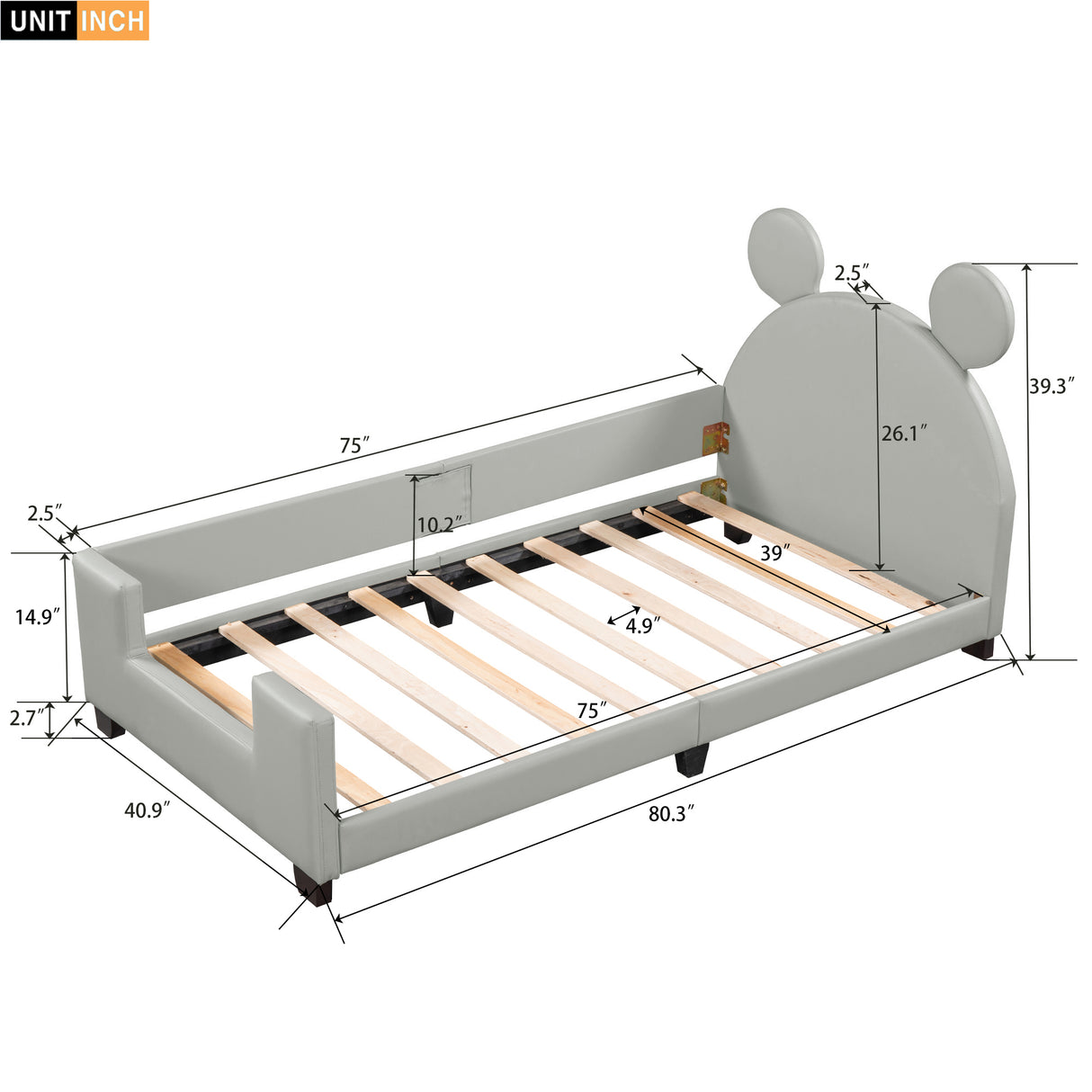 Twin Size Upholstered Daybed with Carton Ears Shaped Headboard Grey