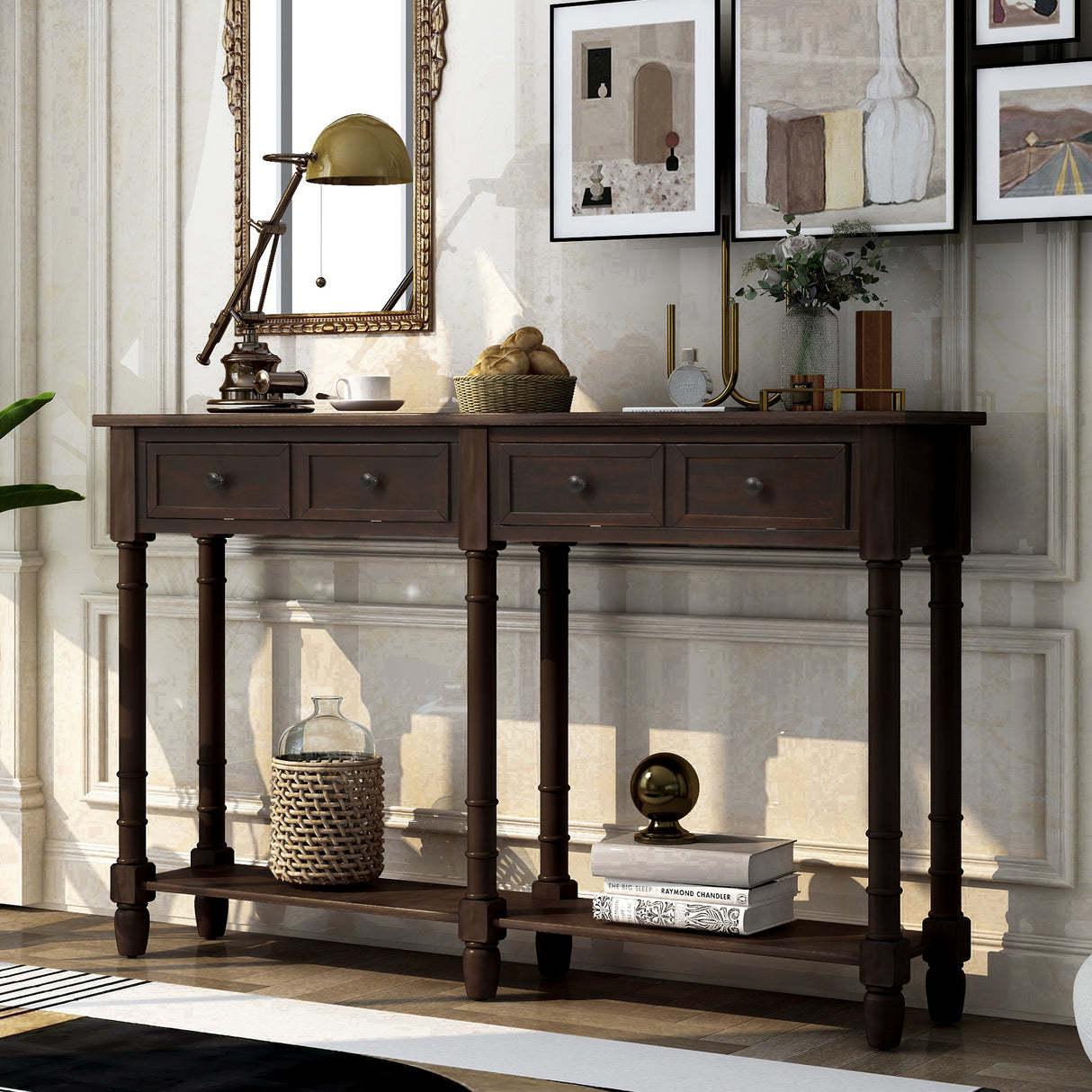 TREXM Console Table Sofa Table Easy Assembly with Two Storage Drawers and Bottom Shelf for Living Room Entryway (Espresso)
