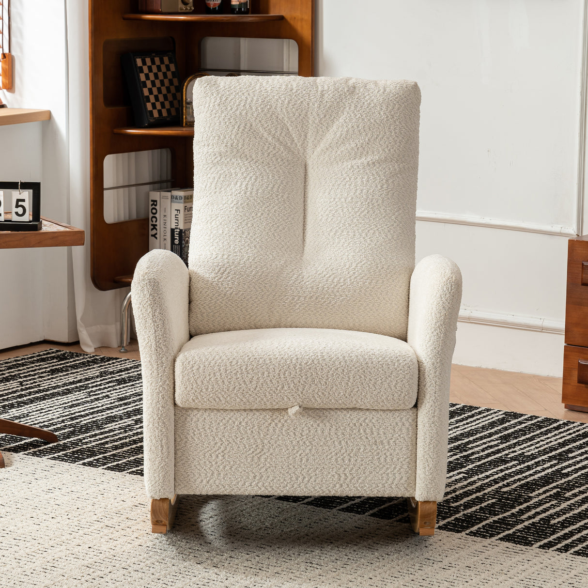 Accent Rocking Chair with Footrest High Back Rubber Wood Rocking Legs Bedroom Living Space - V.I.P Digital Presence