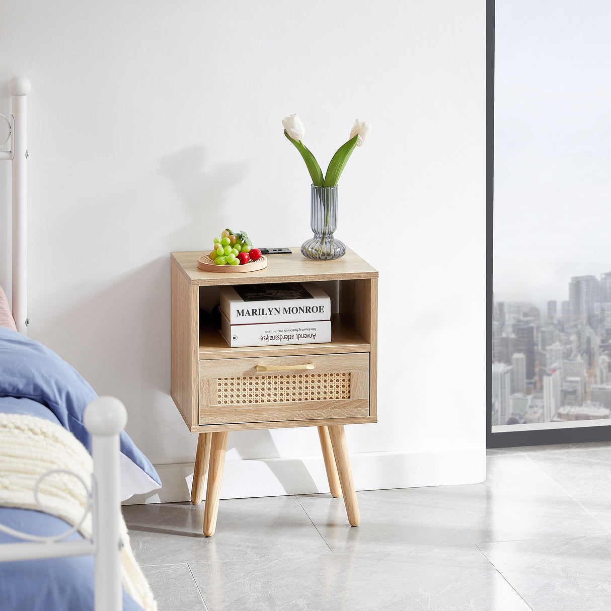 15.75" Rattan End table with Power Outlet & USB Ports Modern nightstand with drawer and solid wood legs - V.I.P Digital Presence