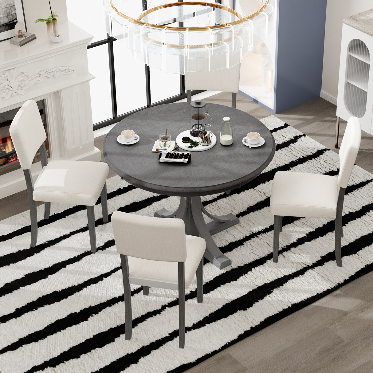 TREXM Five Piece Retro Round Dining Table Set with Curved Brackets and 4 Restaurant Cushioned Chairs (Dark Gray)