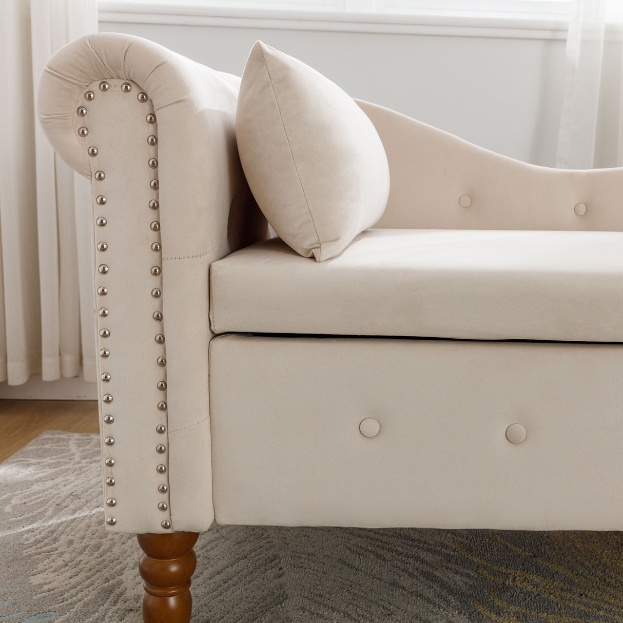 Beige Chaise Lounge Indoor Velvet Lounge Chair for Bedroom with Storage & Pillow Modern Upholstered Rolled Arm Chase Lounge - V.I.P Digital Presence