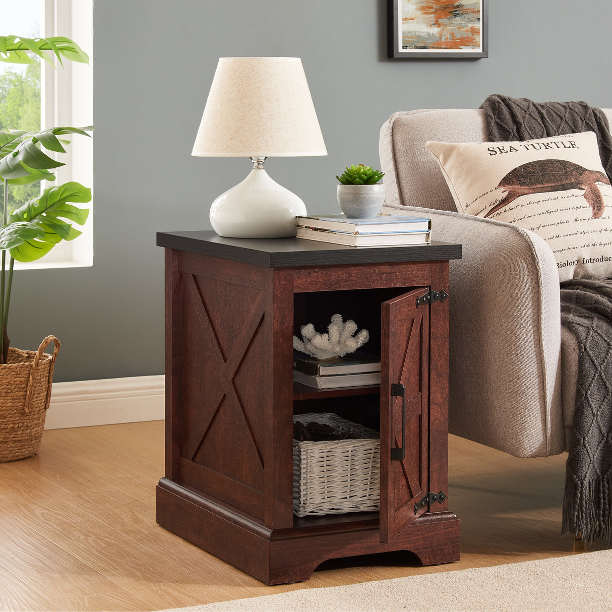 Farmhouse tea table bedside table rectangular farmhouse tea table with barn door and adjustable storage rack OAK - V.I.P Digital Presence