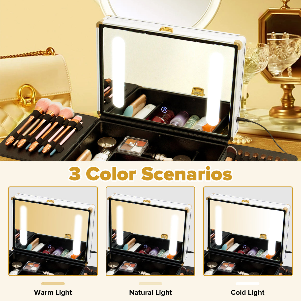 Portable makeup case, travel makeup bag with LED mirror, locked makeup storage box, brush holder, divider, rechargeable, white - V.I.P Digital Presence