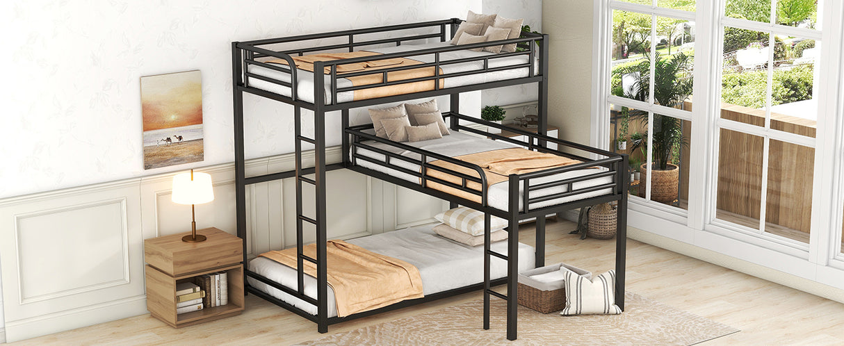 L-shaped Metal Triple Twin Size Bunk Bed, Black - V.I.P Digital Presence