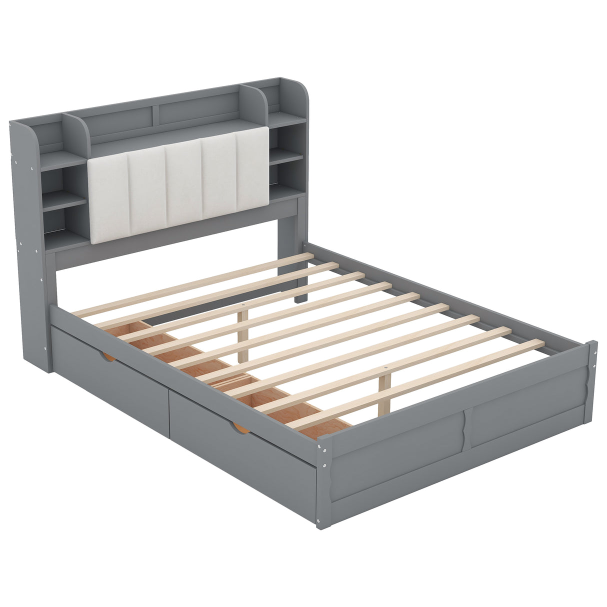 Wood Queen Size Platform Bed with Storage Headboard Shelves and 2 Drawers Gray