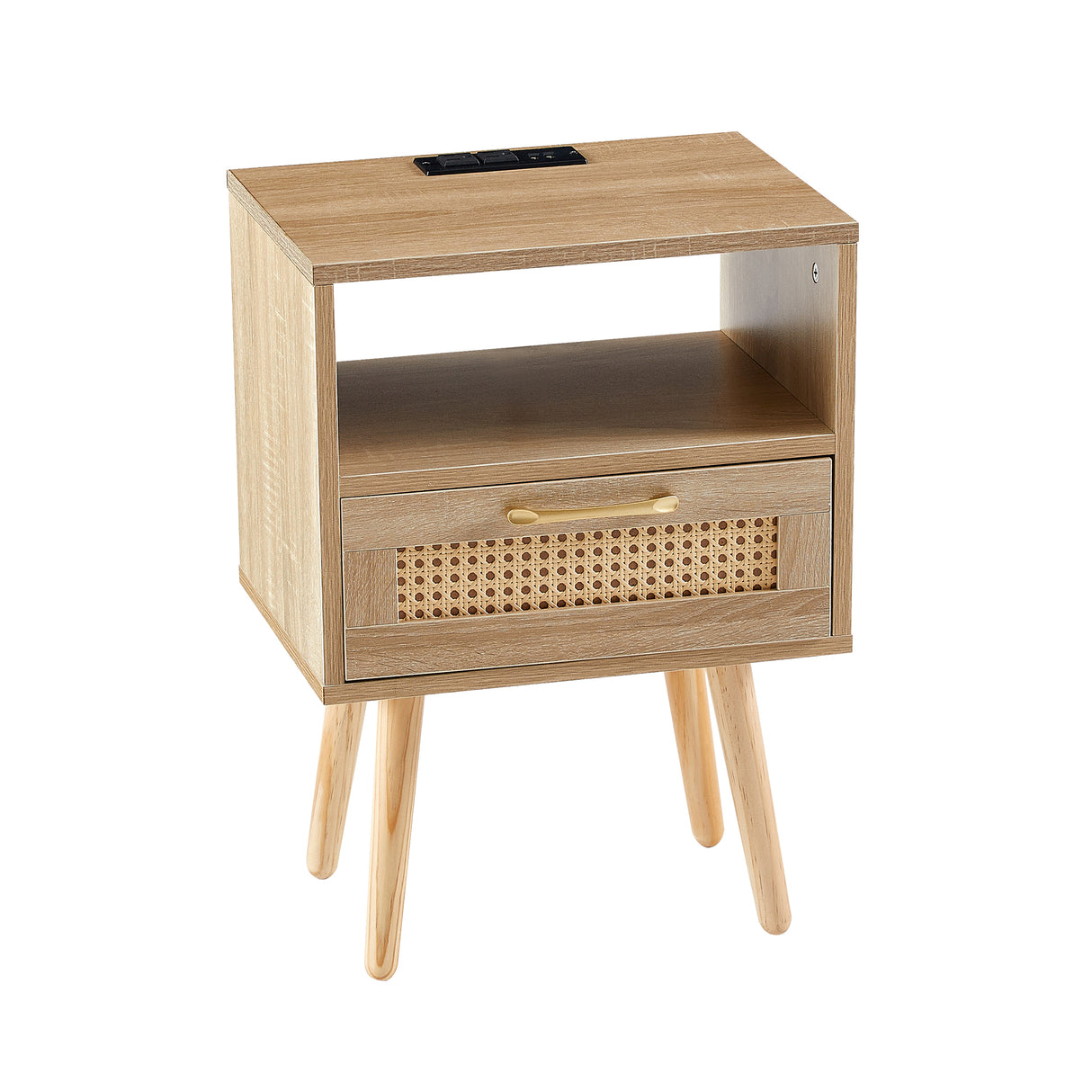 15.75" Rattan End table with Power Outlet & USB Ports Modern nightstand with drawer and solid wood legs - V.I.P Digital Presence