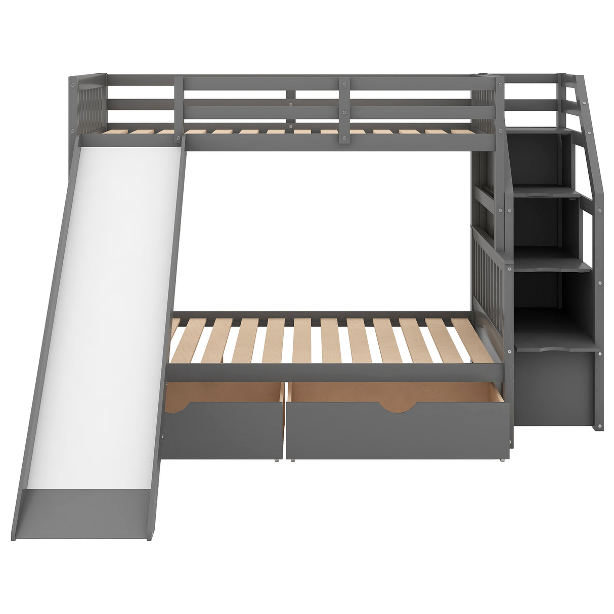 Twin over Full Bunk Bed with Drawers Storage and Slide Multifunction Gray