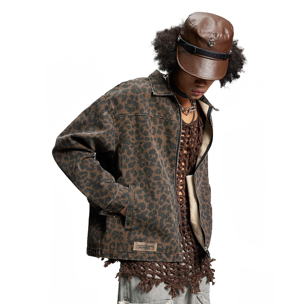 Leopard Print Denim Jacket Style Men's Punk Spring and Autumn Loose Casual Washed Open Front Zipper Collar Outerwear - V.I.P Digital Presence