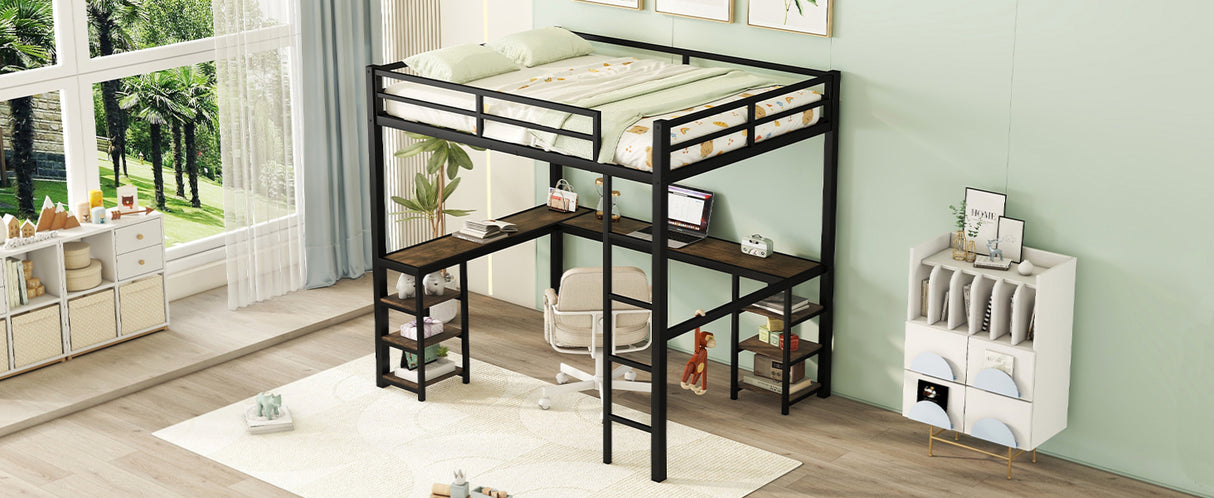 Full Metal Loft Bed with Desk and Shelves, Loft Bed with Ladder and Guardrails, Loft Bed Frame for Bedroom, Black - V.I.P Digital Presence