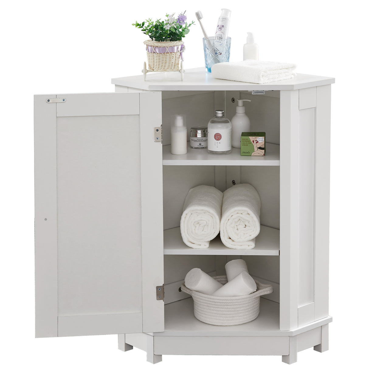 White Bathroom Cabinet Triangle Corner Storage Cabinet with Adjustable Shelf Modern Style MDF Board - V.I.P Digital Presence
