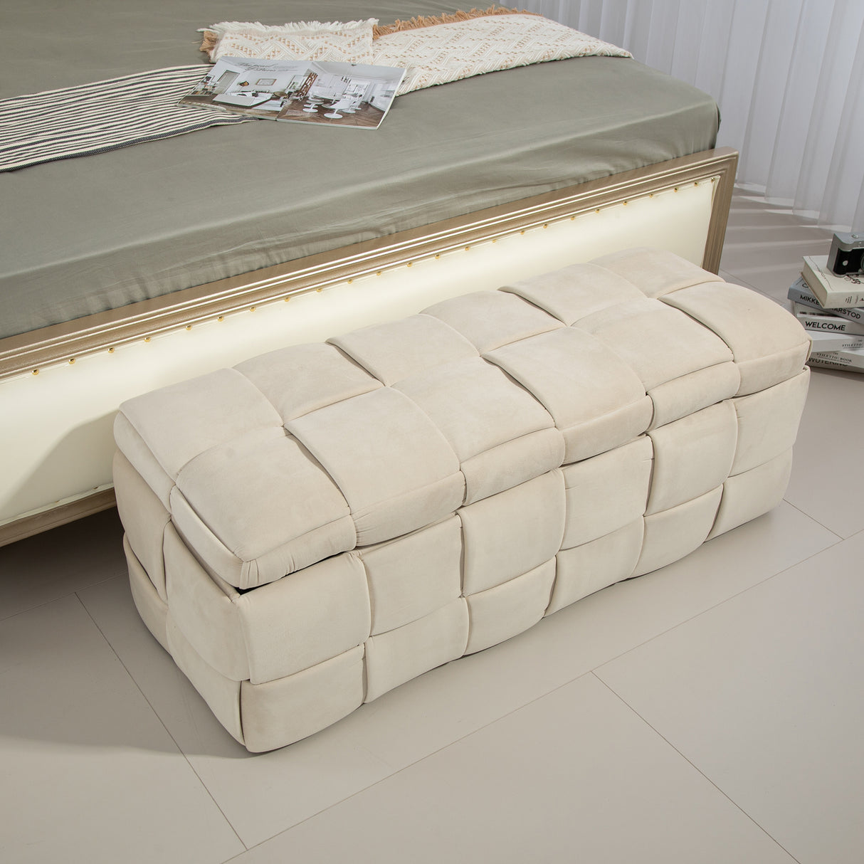 COOLMOR storage Ottoman chair, bedroom end stool, cushioned fabric entrance cushioned footstool with safety hinge (beige) - V.I.P Digital Presence