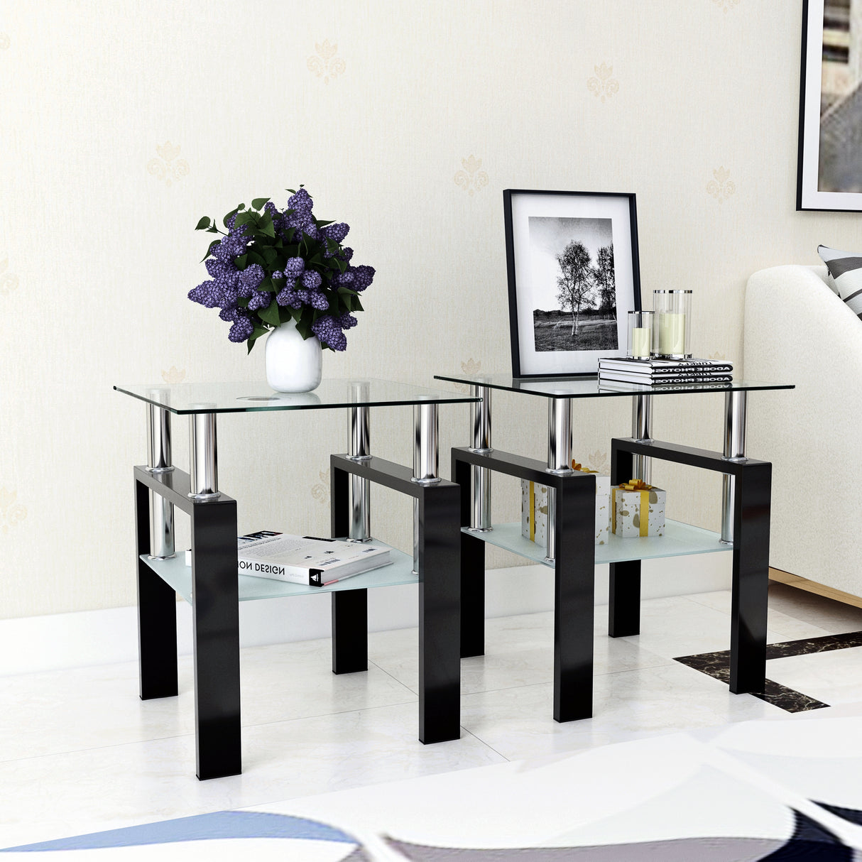 Set of 2, Modern Tempered Glass Tea Table Coffee Table End Table, Square Table for Living Room, Transparent/Black - V.I.P Digital Presence