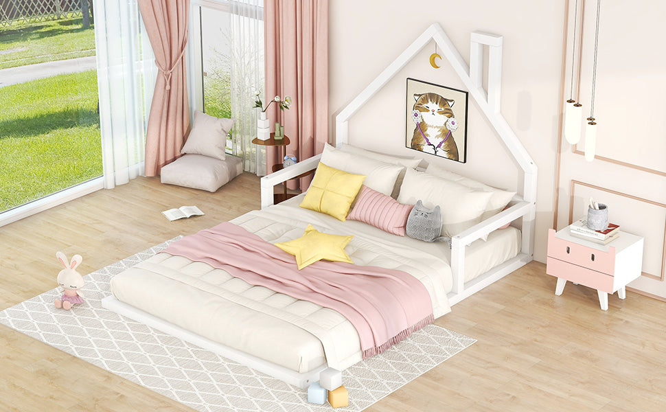 Full Size Wood Floor Bed with House-shaped Headboard White