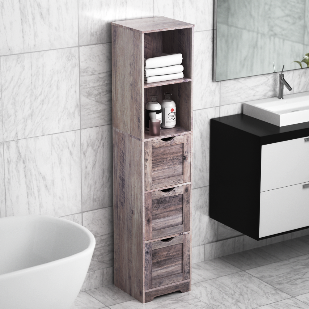 Bathroom Floor Cabinet with 3 Drawers 2 Shelves, Tall Narrow Bathroom Kitchen Pantry Storage Cabinet with Open Compartment Grey - V.I.P Digital Presence