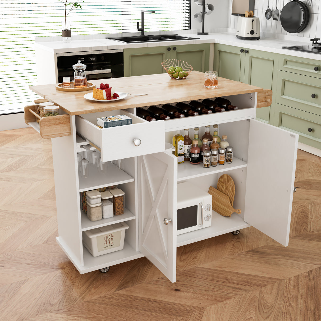 44 Inch Kitchen Island Cart with Solid Wood Top, Wine Storage, Spice Rack, Towel Rack, Wine Glass Holder White & Oak - V.I.P Digital Presence