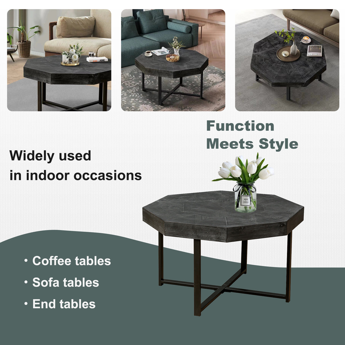 Wooden octagonal retro patchwork craft 30 inch wooden tabletop cross metal leg coffee table (Antique Black) - V.I.P Digital Presence