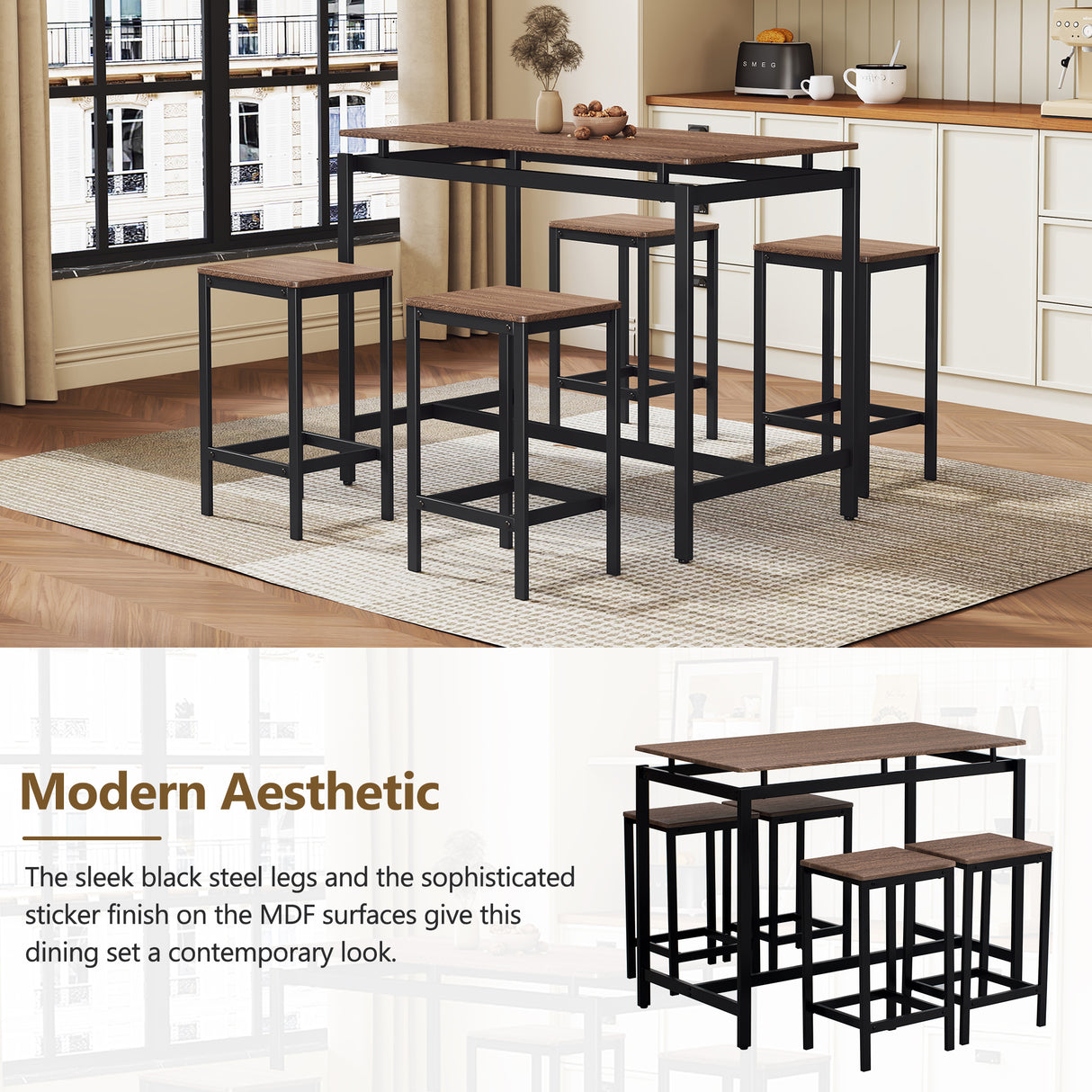 TREXM 5-piece compact bar table with table and stool - modern industrial design (dark brown) - V.I.P Digital Presence