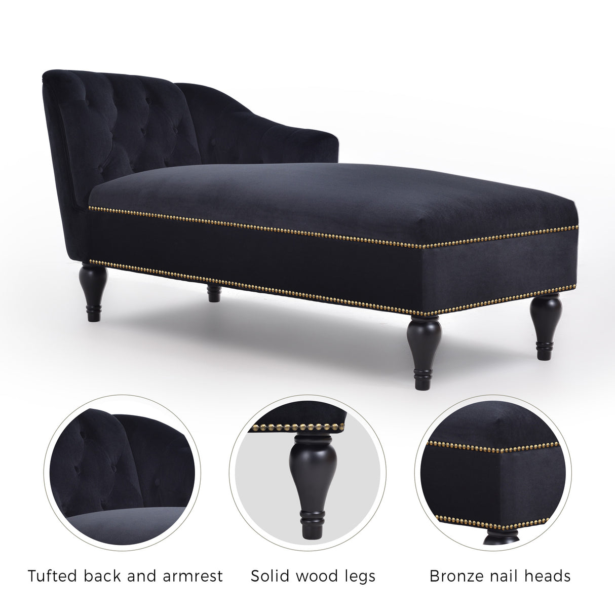 58 inch velvet lounge chair, button cluster right arm lounge chair with nail head decoration and solid wood legs - V.I.P Digital Presence