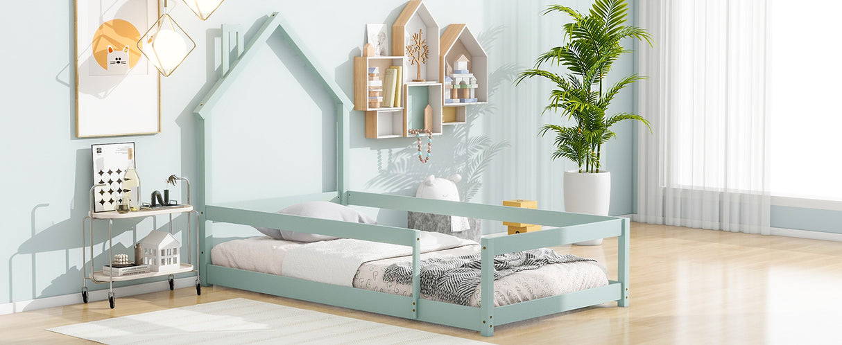 Twin Size Wood bed with House-shaped Headboard Floor bed with Fences,Light Green - V.I.P Digital Presence