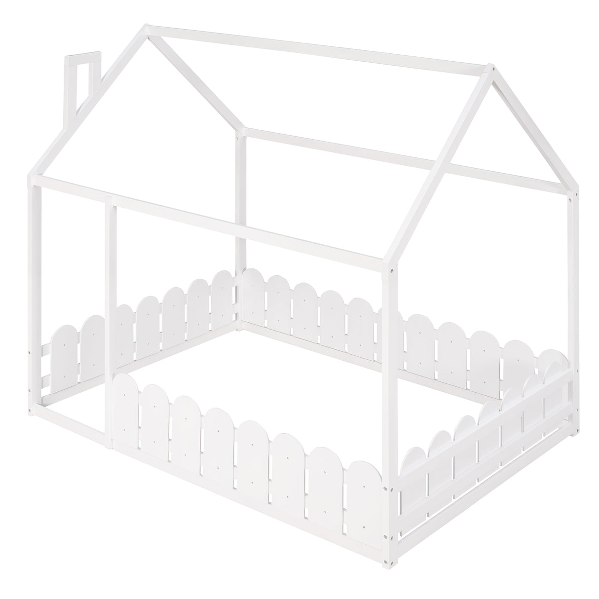 (Slats are not included) Full Size Wood Bed House Bed Frame with Fence for Kids Teens Girls Boys (White ) - V.I.P Digital Presence